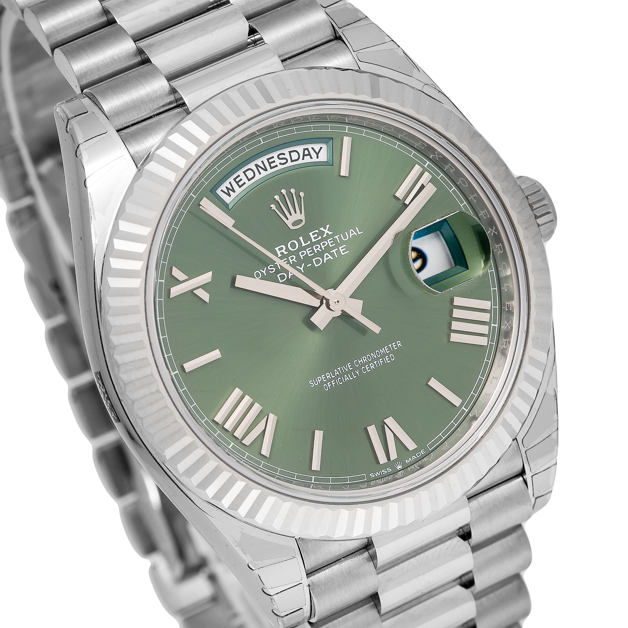 Rolex White Gold Day-Date 40 Watch Olive Green Roman Dial - President Bracelet 228239-Rolex-JD Watches NY