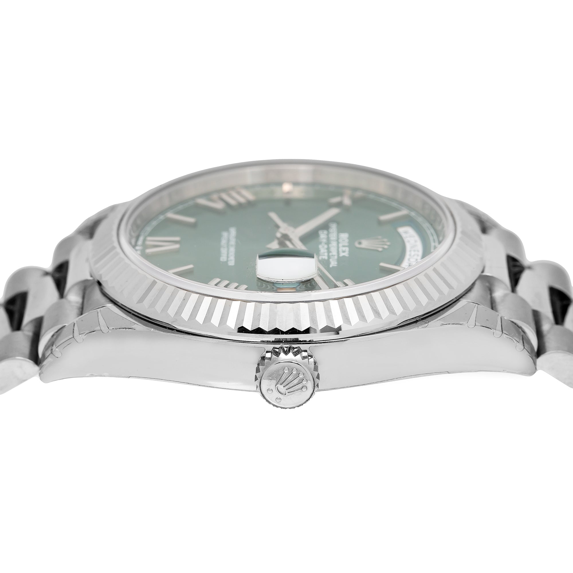 Rolex White Gold Day-Date 40 Watch Olive Green Roman Dial - President Bracelet 228239-Rolex-JD Watches NY