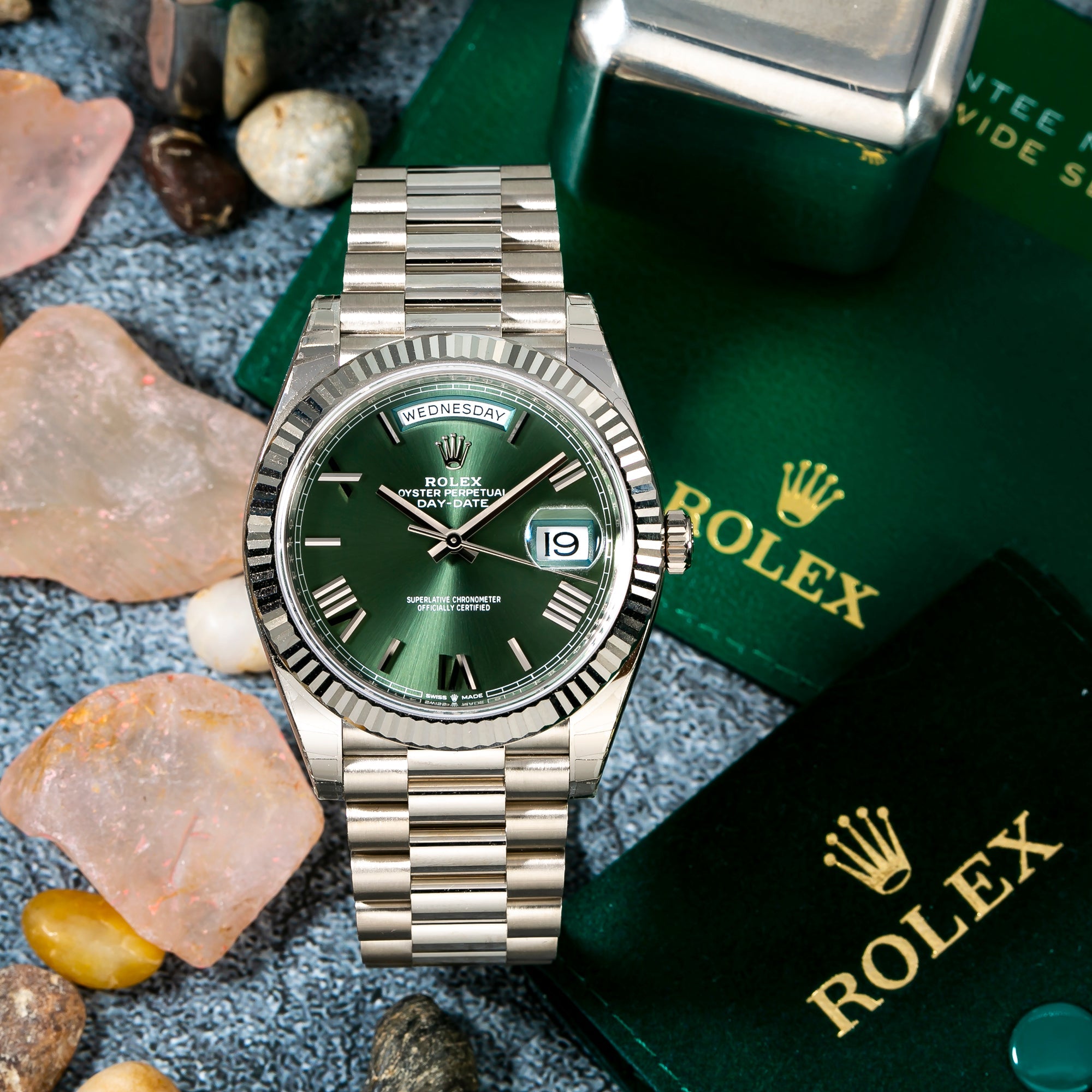 Rolex White Gold Day-Date 40 Watch Olive Green Roman Dial - President Bracelet 228239-Rolex-JD Watches NY