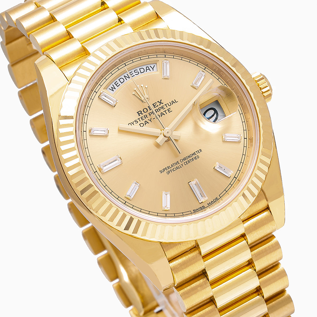 Rolex Yellow Gold Day-Date 40 Watch Champagne Baguette Diamond Dial - President Bracelet-Rolex-JD Watches NY