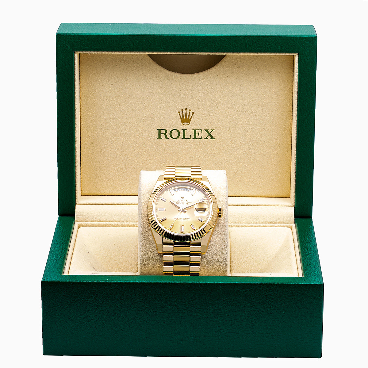 Rolex Yellow Gold Day-Date 40 Watch Champagne Baguette Diamond Dial - President Bracelet-Rolex-JD Watches NY