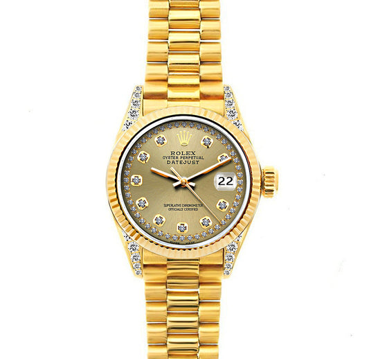 18k Yellow Gold Rolex Datejust Diamond Watch, 26mm, President Bracelet Champagne Dial w/ Diamond Lugs